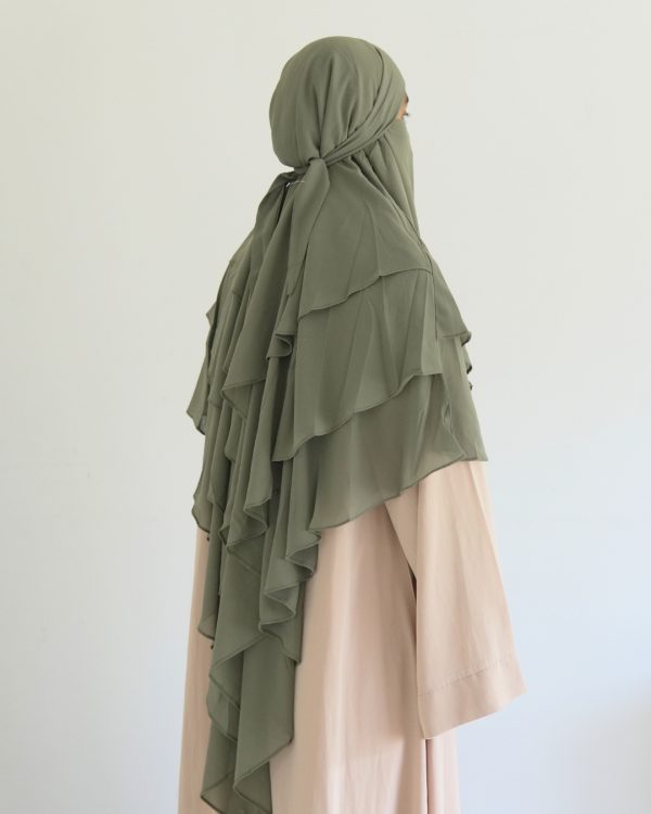 triple layer green khimar with head knot.